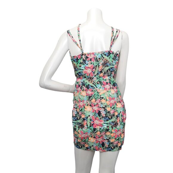 Reverse Tropical Floral Mini Dress Strappy Ruched Side Cinched Waist Black Blue - Picture 3 of 10